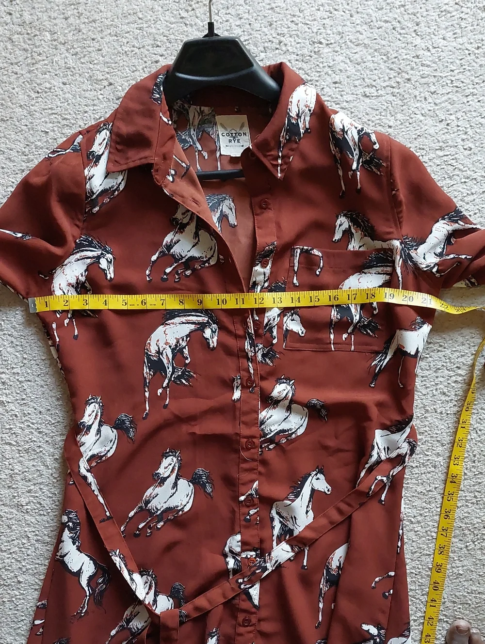 Cotton & Rye Brown White Horse Print Waist Tie Midi Dress Sz L